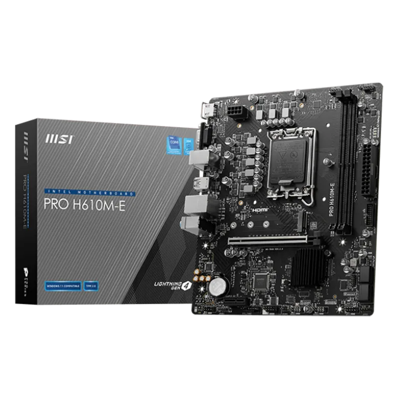 MSI PRO H610M-E, mATX, LGA 1700, Dual Channel DDR5 5600+MHz, 1x PCIe x16 slot, 1x M.2 slot, 1x HDMI, 1x VGA, 2x USB 3.2 Gen 1, 4