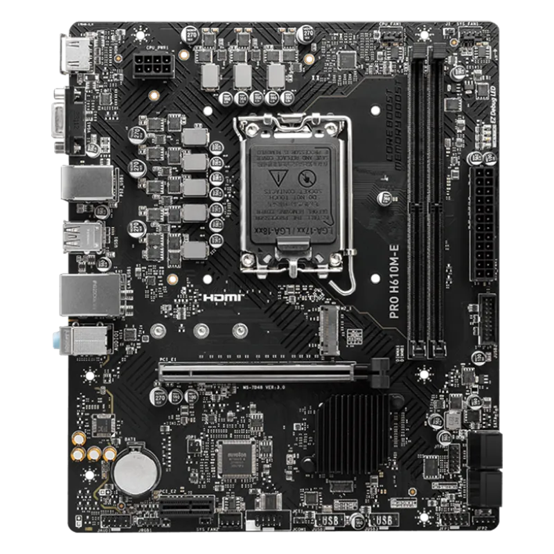 MSI PRO H610M-E, mATX, LGA 1700, Dual Channel DDR5 5600+MHz, 1x PCIe x16 slot, 1x M.2 slot, 1x HDMI, 1x VGA, 2x USB 3.2 Gen 1, 4