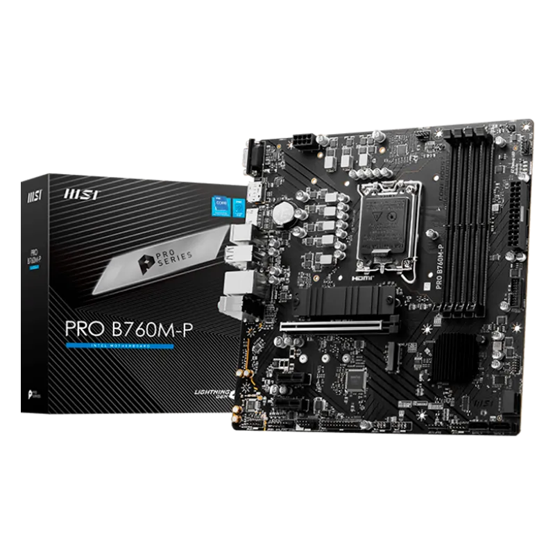 MSI PRO B760M-P, mATX, LGA 1700, Dual Channel DDR5 6800, 1x PCIe x16 slots, 2x M.2 slots, 1x HDMI, 1x DP, 1x VGA, 1x USB 3.2 Gen