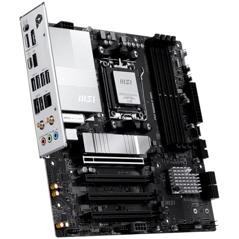 MSI PRO B850M-P WIFI, mATX, Socket AM5, 4x DDR5 Dual Channel DDR5 up to 8200(OC)MHz, 4x PCIe x16 slot, 3x M.2 slot, 4x USB 2.0, 