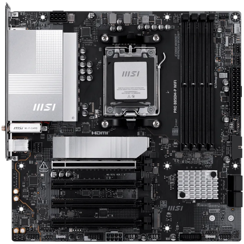 MSI PRO B850M-P WIFI, mATX, Socket AM5, 4x DDR5 Dual Channel DDR5 up to 8200(OC)MHz, 4x PCIe x16 slot, 3x M.2 slot, 4x USB 2.0, 