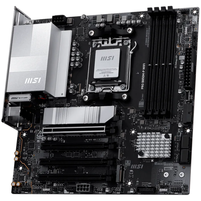 MSI PRO B850M-P WIFI, mATX, Socket AM5, 4x DDR5 Dual Channel DDR5 up to 8200(OC)MHz, 4x PCIe x16 slot, 3x M.2 slot, 4x USB 2.0, 
