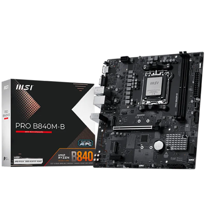 MSI PRO B840M-B, mATX, Socket AM5, 2x DDR5 Dual Channel DDR5 up to 8000(OC)MHz, 1x PCIe x16 slot, 2x M.2 slot, 2x USB 2.0, 4x US