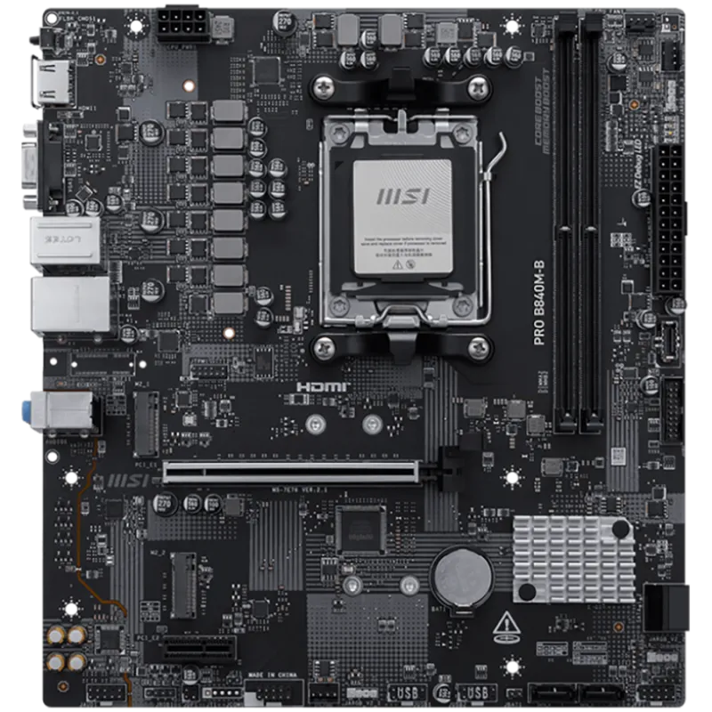 MSI PRO B840M-B, mATX, Socket AM5, 2x DDR5 Dual Channel DDR5 up to 8000(OC)MHz, 1x PCIe x16 slot, 2x M.2 slot, 2x USB 2.0, 4x US