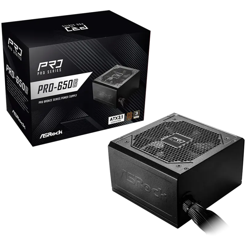 Asrock PRO-650B, 650W, 80 Plus BRONZE, Non Modular PSU, 1x EPS 12V CPU(4+4pin), 2x PCIe (6+2pin), 2x 4-pin connectors, 4x SATA, 