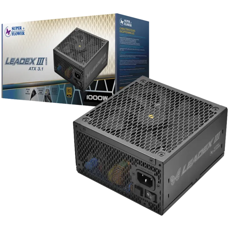 Super Flower Leadex III Gold 1000W ATX 3.1, 80 Plus Gold, Fully Modular, Flat Black Cables, 140mm Fan, 150mmx150mmx86mm, 7 Year 