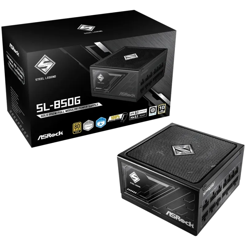 Asrock SL-850G, 850W, 80 Plus GOLD, Fully Modular PSU, Japanese Capacitors, 2x EPS 12V CPU(4+4pin), 1x PCIe5.1 (12+4pin), 3x PCI