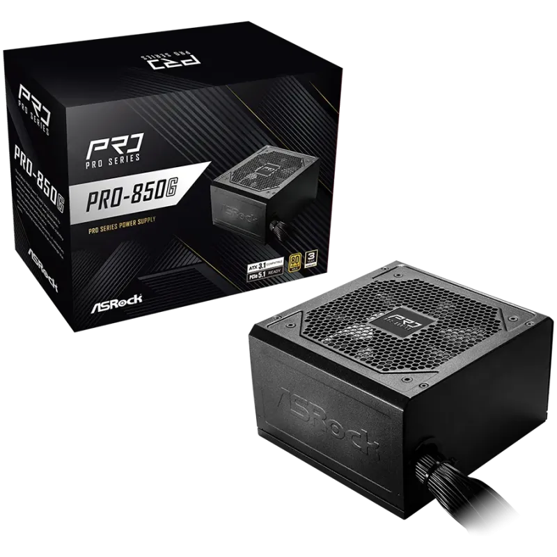 Asrock PRO-850G, 850W, 80 Plus GOLD, Non Modular PSU, 1x EPS 12V CPU(4+4pin), 2x PCIe (6+2pin), 2x 4-pin connectors, 4x SATA, OC