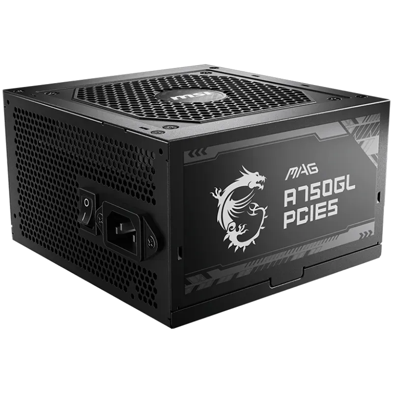 MSI MAG A750GL PCIE5, 750W, 80 Plus Gold, ATX Form Factor, 100~240 Vac Input Voltage, 47Hz ~ 63Hz Input Frequency, 120 mm Fan, 1
