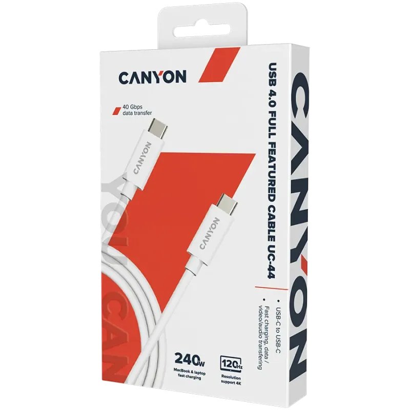 CANYON UC-44, cable, U4-CC-5A1M-E, USB4 TYPE-C to TYPE-C cable assembly 40G 1m 5A 240W(ERP) with E-MARK, CE, ROHS, white - 1