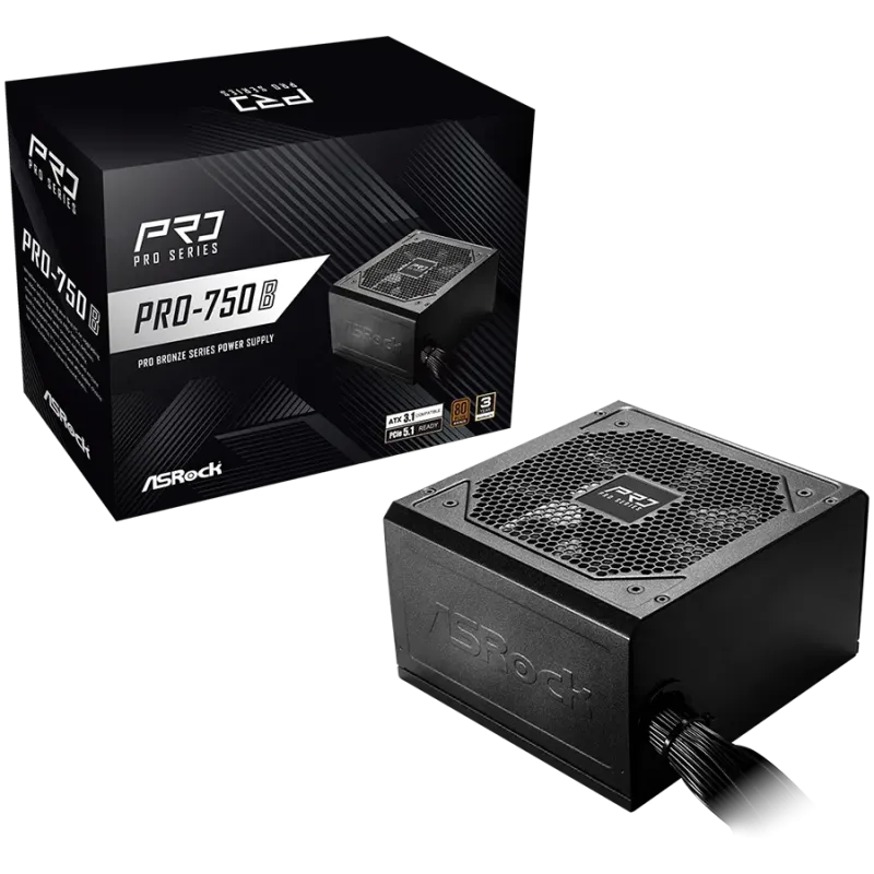 Asrock PRO-750B, 750W, 80 Plus BRONZE, Non Modular PSU, 1x EPS 12V CPU(4+4pin), 2x PCIe (6+2pin), 2x 4-pin connectors, 4x SATA, 