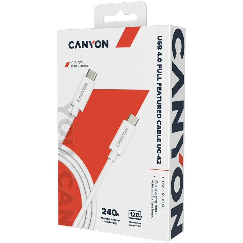 CANYON UC-42, cable, U4-CC-5A2M-E, USB4 TYPE-C to TYPE-C cable assembly 20G 2m 5A 240W(ERP) with E-MARK, CE, ROHS, white - 1