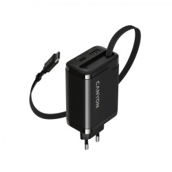 CANYON charger OnCharge 65RC Build-In Cable USB-C 65W 1xPD 1xQC EU Black - 1