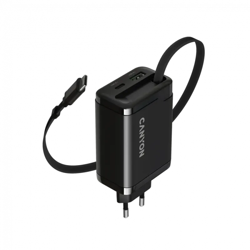 CANYON charger OnCharge 65RC Build-In Cable USB-C 65W 1xPD 1xQC EU Black - 1