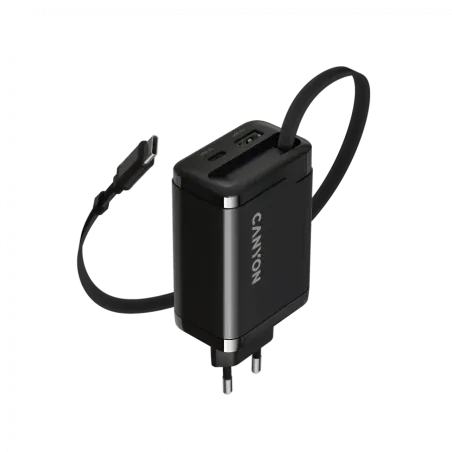 CANYON charger OnCharge 65RC Build-In Cable USB-C 65W 1xPD 1xQC EU Black - 1