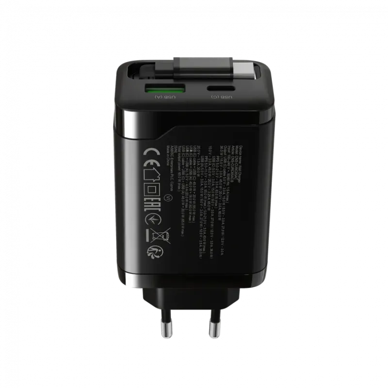 CANYON charger OnCharge 65RC Build-In Cable USB-C 65W 1xPD 1xQC EU Black - 1