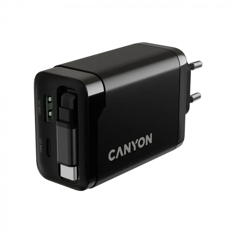 CANYON charger OnCharge 65RC Build-In Cable USB-C 65W 1xPD 1xQC EU Black - 1