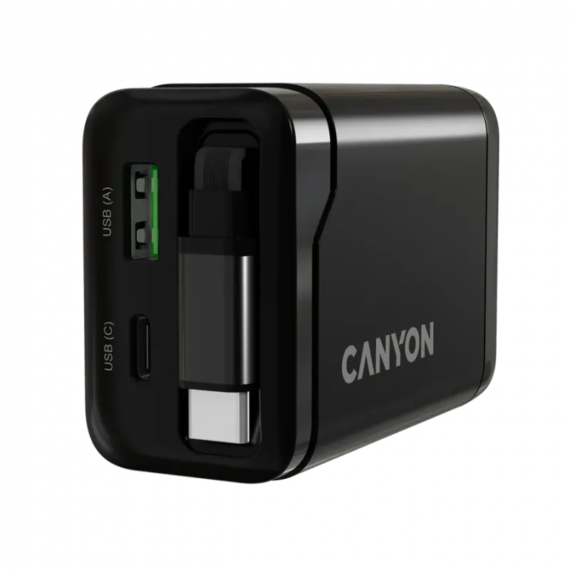 CANYON charger OnCharge 65RC Build-In Cable USB-C 65W 1xPD 1xQC EU Black - 1