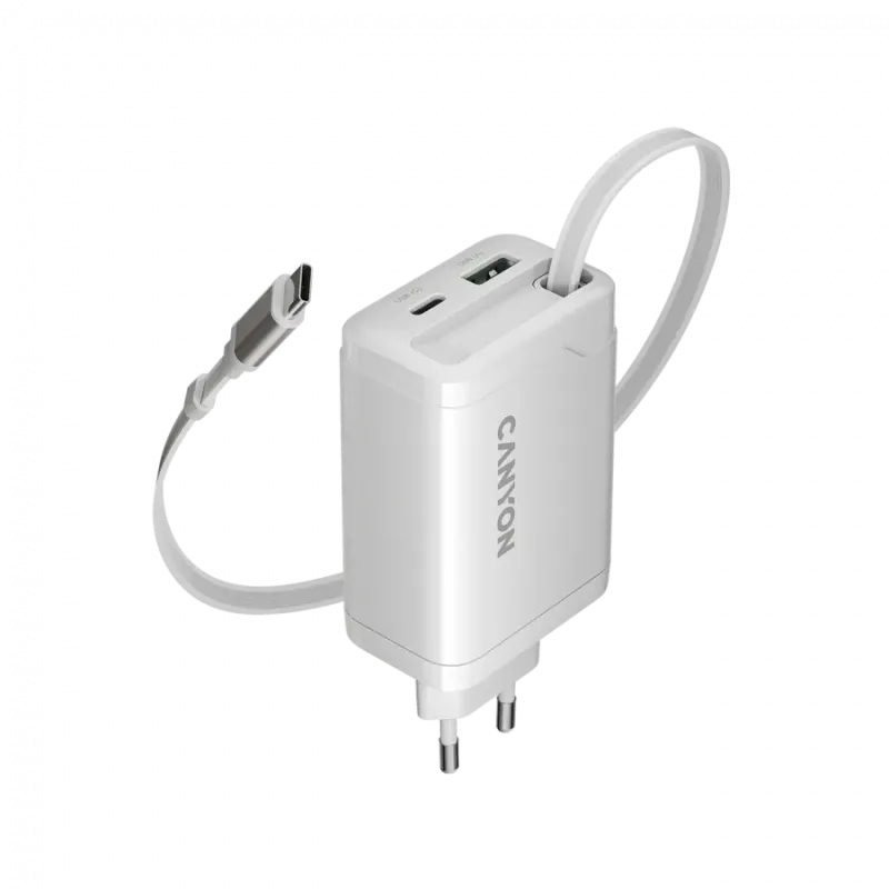 CANYON charger OnCharge 65RC Build-In Cable USB-C 65W 1xPD 1xQC EU White - 1