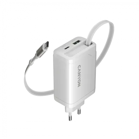 CANYON charger OnCharge 65RC Build-In Cable USB-C 65W 1xPD 1xQC EU White - 1