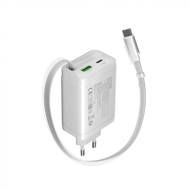 CANYON charger OnCharge 65RC Build-In Cable USB-C 65W 1xPD 1xQC EU White - 1