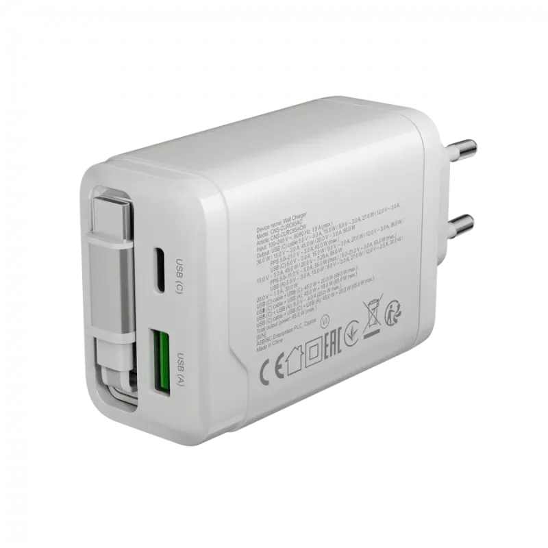 CANYON charger OnCharge 65RC Build-In Cable USB-C 65W 1xPD 1xQC EU White - 1