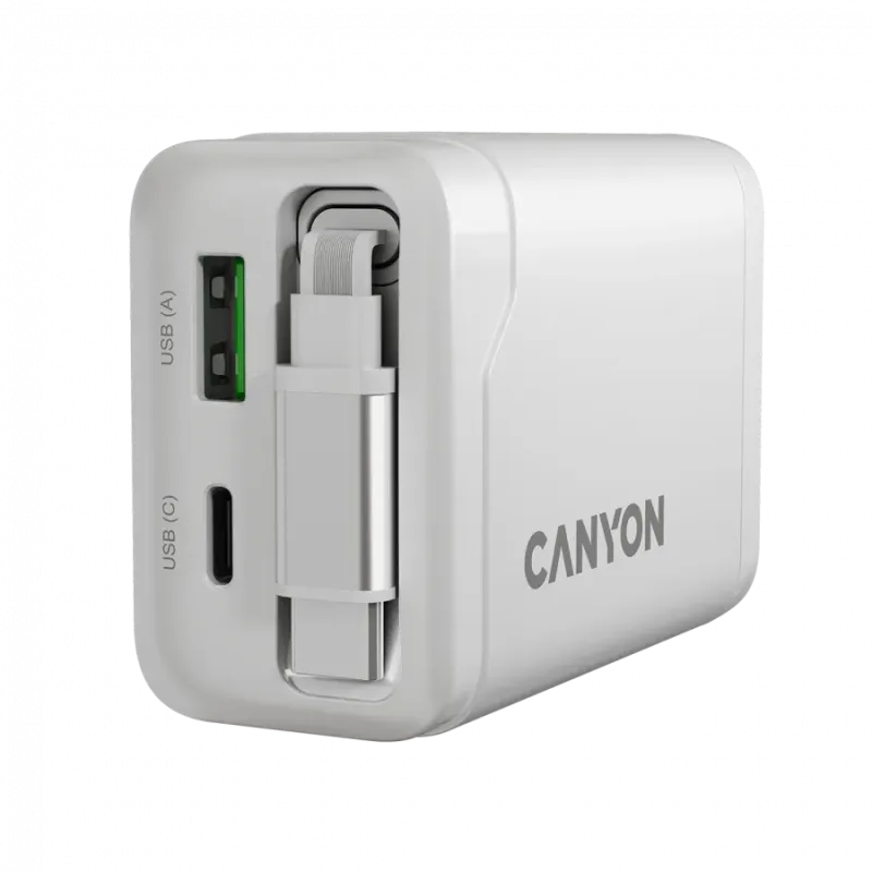 CANYON charger OnCharge 65RC Build-In Cable USB-C 65W 1xPD 1xQC EU White - 1