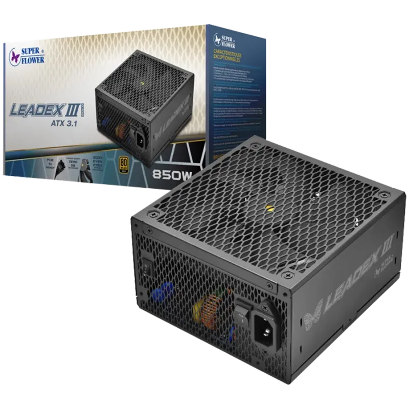 Super Flower Leadex III Gold 850W ATX 3.1, 80 Plus Gold, Fully Modular, Flat Black Cables, 140mm Fan, 150mmx150mmx86mm, 7 Year W