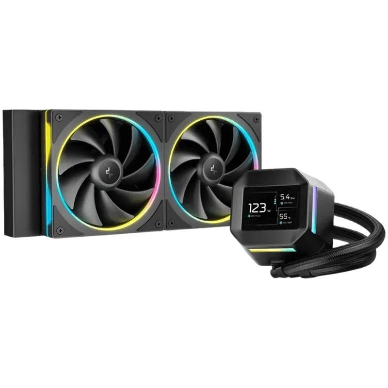 DeepCool LM240, 240mm CPU Liquid Cooler, 2.4" LCD screen, 2x120mm FL12 SE ARGB PWM Fans, Fluid Dynamic Bearing, Black, Intel LGA
