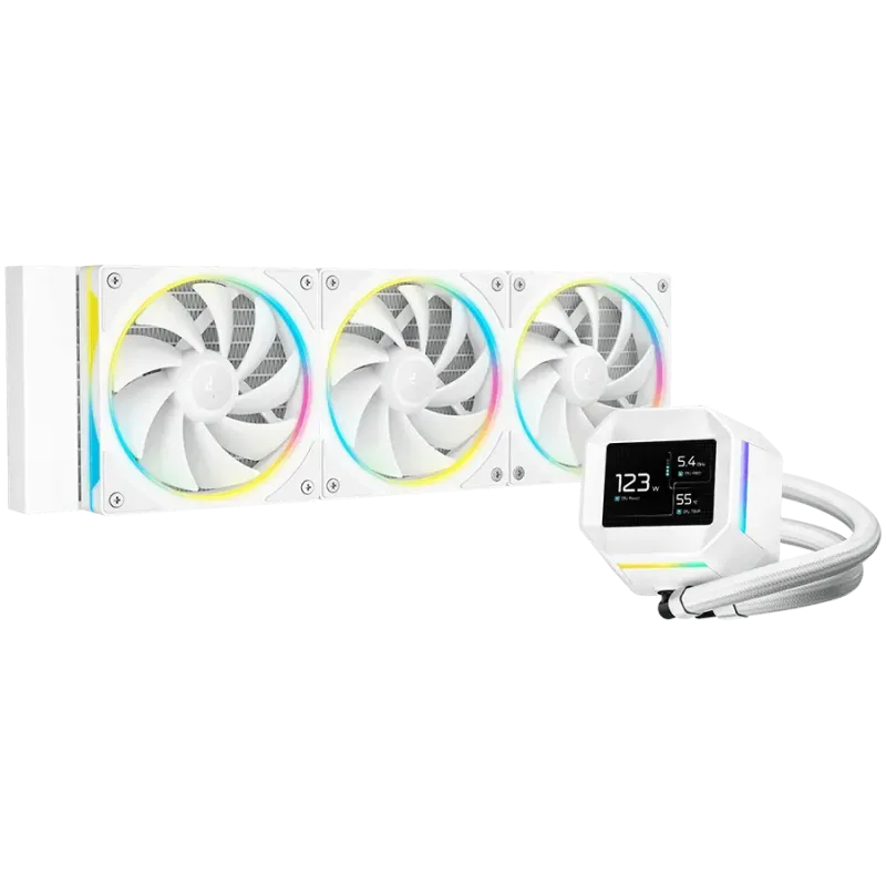 DeepCool LM360 WH, 360mm CPU Liquid Cooler, 2.4" LCD screen, 3x120mm FL12 SE ARGB PWM Fans, Fluid Dynamic Bearing, White, Intel 
