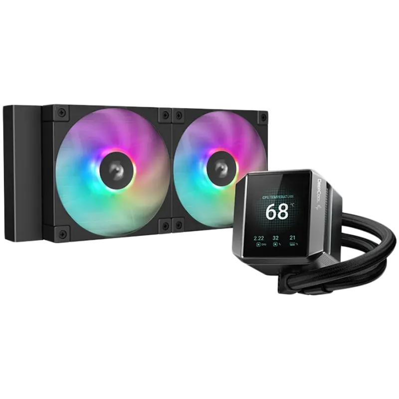 DeepCool MYSTIQUE 240 ARGB, 240mm CPU Liquid Cooler, 2.8" LCD screen, 2x120mm PWM ARGB Fans, Fluid Dynamic Bearing, Black, Intel