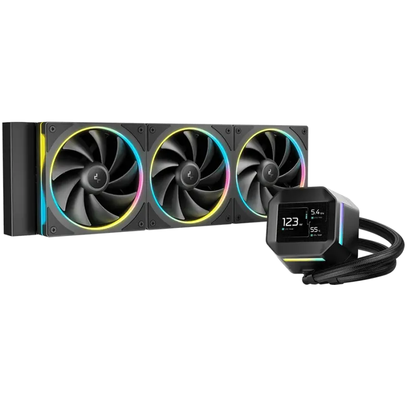 DeepCool LM360, 360mm CPU Liquid Cooler, 2.4" LCD screen, 3x120mm FL12 SE ARGB PWM Fans, Fluid Dynamic Bearing, Black, Intel LGA