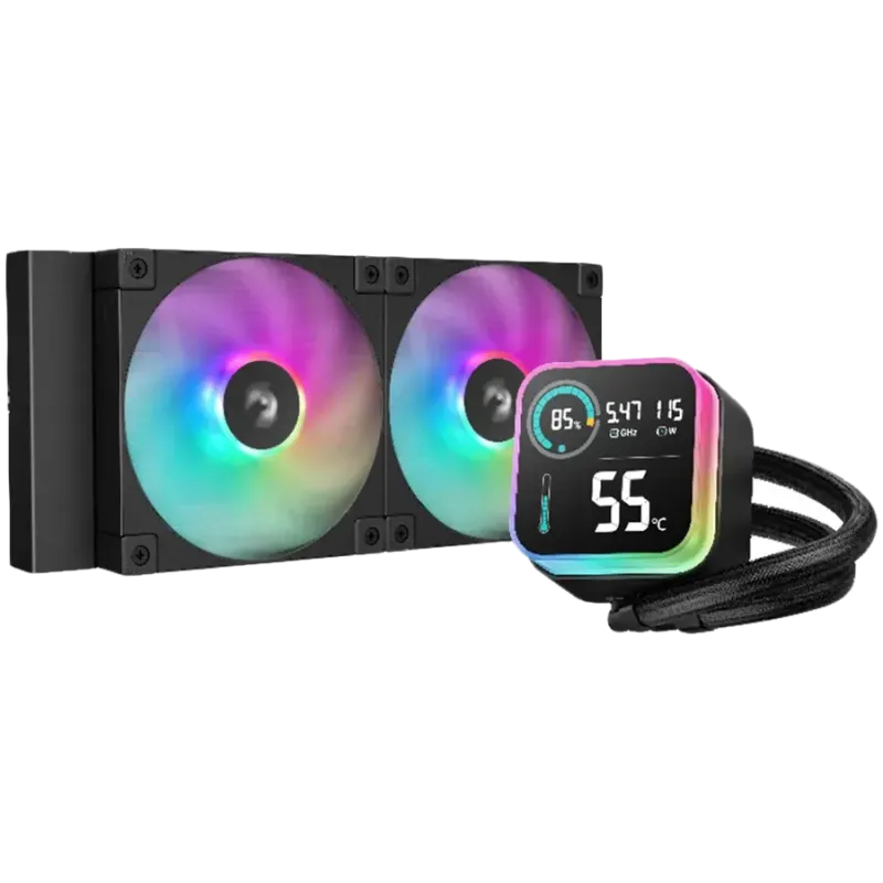 DeepCool LQ240, 240mm CPU Liquid Cooler, 2x120mm ARGB PWM Fans, LED Screen, Anti-Leak Technology, Black, LGA1851/1700/1200/1151/