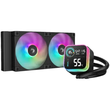 DeepCool LQ240, 240mm CPU Liquid Cooler, 2x120mm ARGB PWM Fans, LED Screen, Anti-Leak Technology, Black, LGA1851/1700/1200/1151/