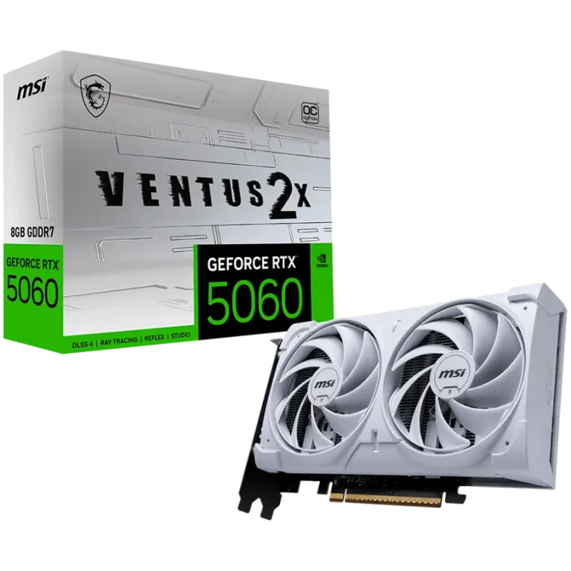 MSI Video Card NVIDIA GeForce RTX 5060 8G VENTUS 2X OC WHITE, 8GB GDDR7, 128-bit, 2535 MHz Boost, 3840 CUDA Cores, PCIe 5.0 (x8)