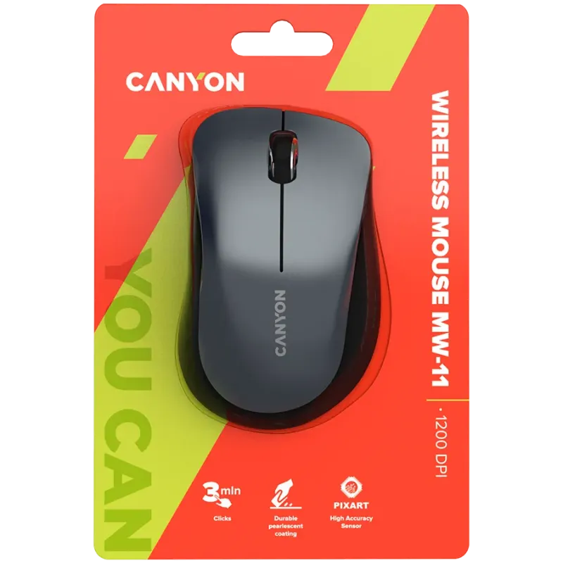 CANYON MW-11, 2.4 GHz Wireless mouse,with 3 buttons, DPI 1200, Battery:AAA*2pcs,Black,67*109*38mm,0.063kg - 1