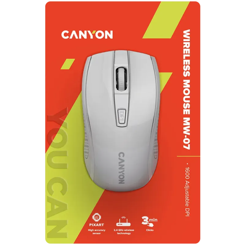 CANYON MW-7, 2.4Ghz wireless mouse, 6 buttons, DPI 800/1200/1600, with 1 AA battery ,size 110*60*37mm,58g,white - 1