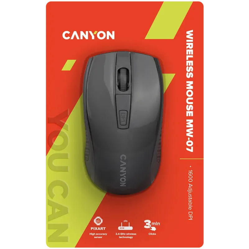 CANYON MW-7, 2.4Ghz wireless mouse, 6 buttons, DPI 800/1200/1600, with 1 AA battery ,size 110*60*37mm,58g,black - 1