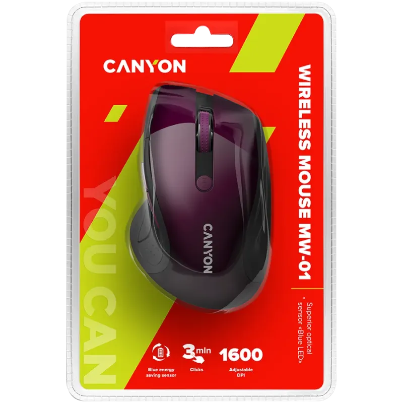 CANYON 2.4Ghz wireless mouse, optical tracking - blue LED, 6 buttons, DPI 1000/1200/1600, Purple pearl glossy - 1