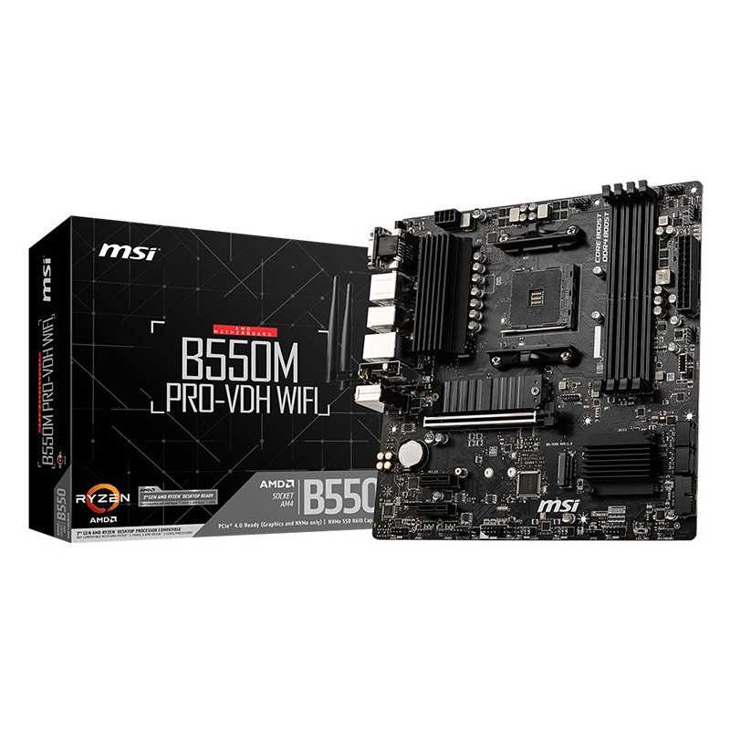 MSI B550M PRO-VDH WIFI,m-ATX,Socket AM4,AMD B550 Chipset,4 DIMMs,Dual Channel DDR4 up to 4400+(OC)MHz,1x PCIe 4.0/3.0 x16 slot,2