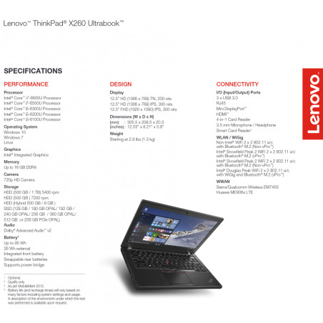 Марка:Lenovo|Модел:ThinkPad X260|Статус:Grade A|Процесор:Intel Core i3|Процесор честота:6100U 2300MHz 3MB|Памет обем:8192MB|Паме