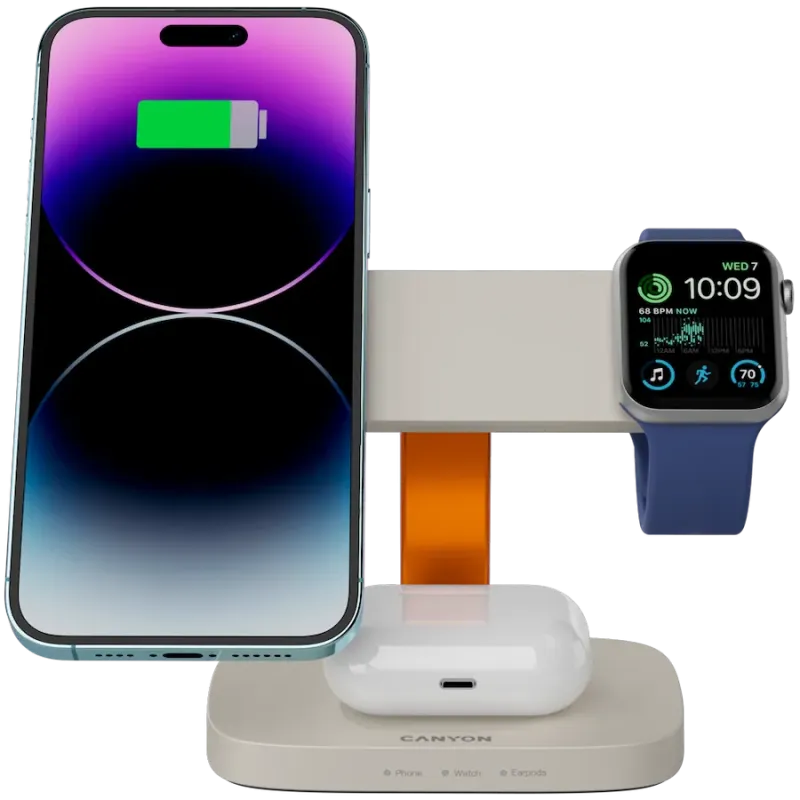 CANYON Wireless Charging Station Hexagon 310 3in1 LightGrey/Orange - 1