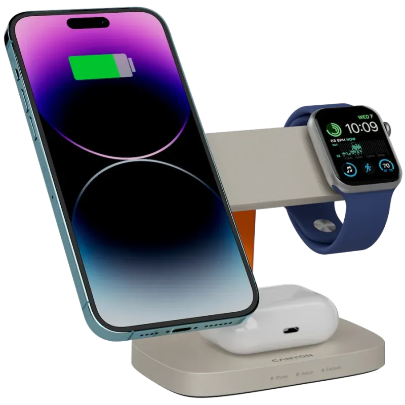CANYON Wireless Charging Station Hexagon 310 3in1 LightGrey/Orange - 1