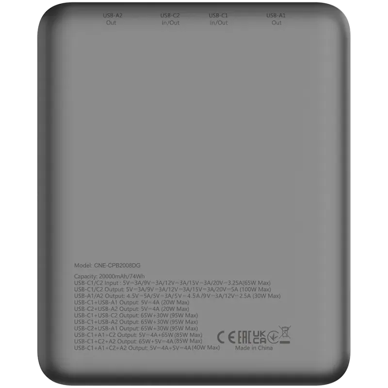 CANYON power bank PB-2008 LED FLAT 20000 mAh PD100W QC3.0 Dark Grey - 1