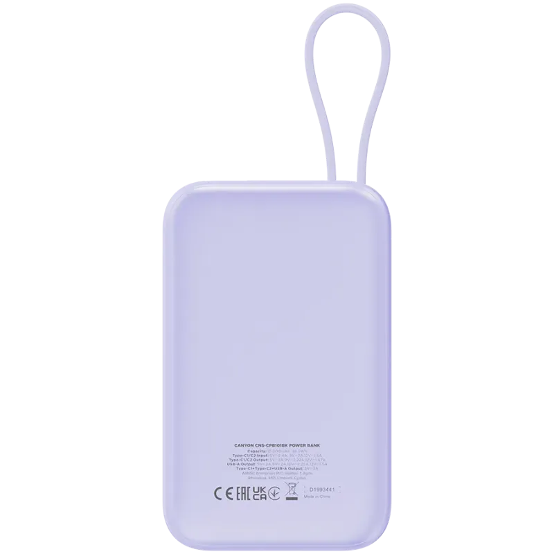 CANYON power bank OnPower 101 built-in cable 10000 mAh PD22.5W Purple - 1