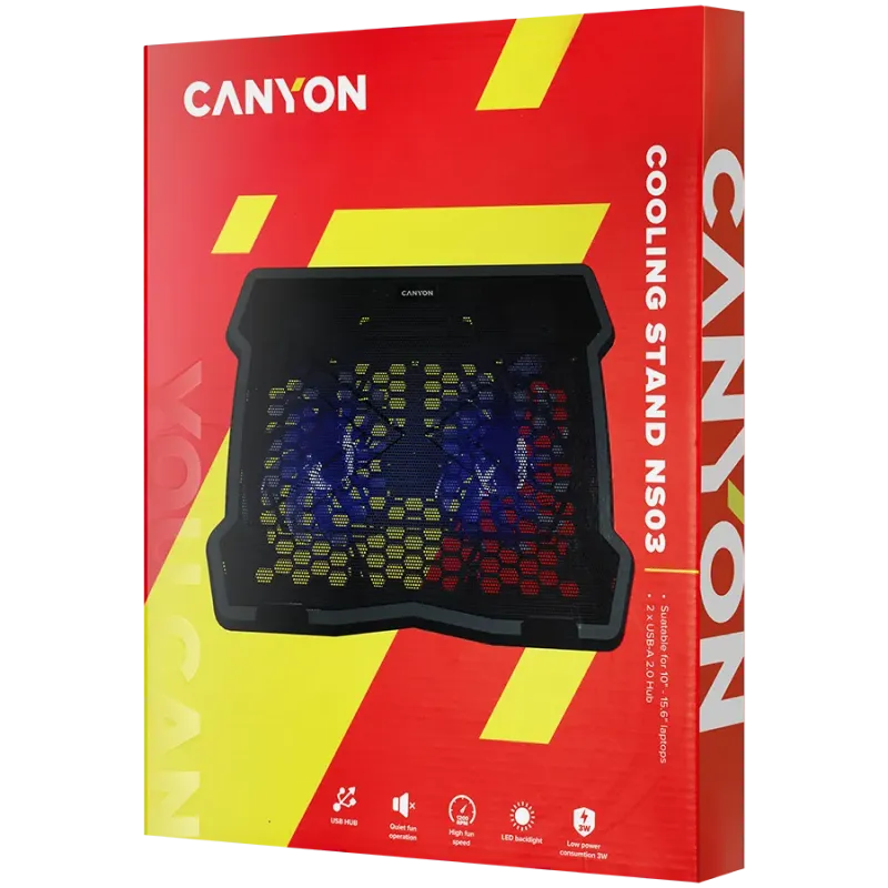 CANYON NS03, Cooling stand dual-fan with 2x2.0 USB hub, support up to 10”-15.6” laptop, ABS plastic and iron, Fans dimension:125