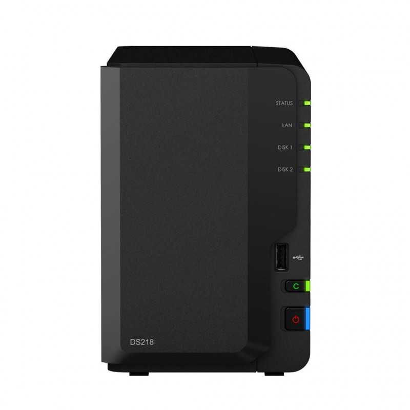 Мрежов сторидж Synology DS218, за 2 диска, до 24TB, CPU 1.4 GHz, 2 GB DDR4 RAM, Гигабит, USB 3.2 - 1