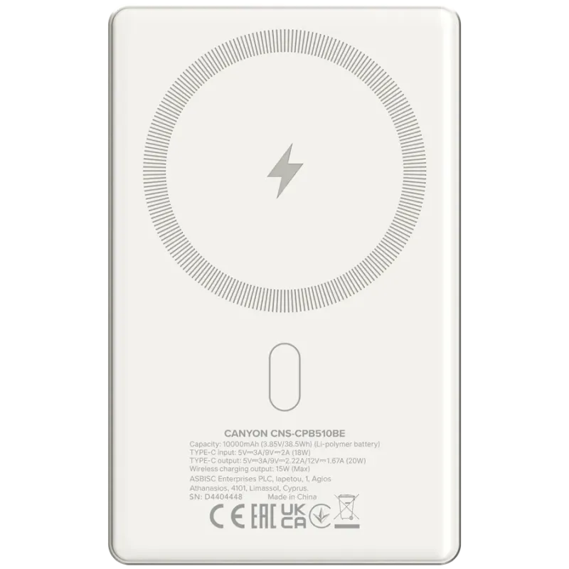 CANYON power bank OnPower 510 slim Magnetic 10000 mAh PD20W Beige - 1