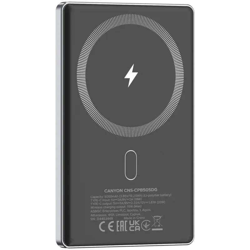 CANYON power bank OnPower 505 slim Magnetic 5000 mAh PD20W Dark Grey - 1