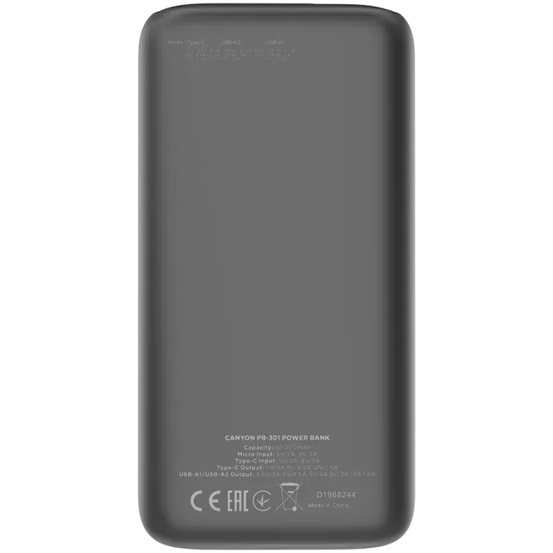CANYON power bank PB-301 LED 30000 mAh PD 20W QC 3.0 Black - 1